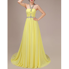 Winsome A-Line Long Train Pleated Chiffon Evening Dresses with Crystal Beaded Neck and Waist