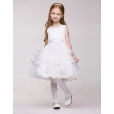 Cute Lovely Short Organza First Communion Flower Girl Dresses with Beaded Waist and Tiered Skirt