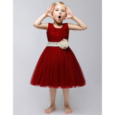 Lovely Ball Gown Round Neck Knee Length Pleated Tulle Flower Girl Dresses with Rhinestone Sashes and Hand-made Flowers