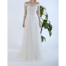 Inexpensive Off-the-shoulder Tulle Over Satin Wedding Dresses with 3/4 Sleeves
