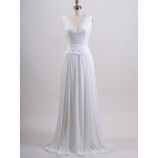 Graceful Column Double V-Neck Chiffon Wedding Dresses with Lace Bodice and Scalloped Trim