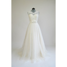 Discount V-back Tulle Wedding Dress with 3D Flower Waistband and Lace Bodice