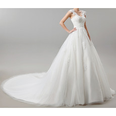 Tailored A-Line Wide Straps Cathedral Train Appliques Beaded Satin Tulle Wedding Dresses with Crisscross Ruched Waist