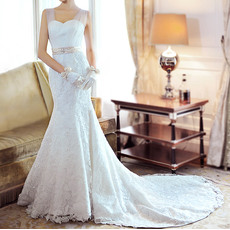 Elegant Trumpet Sweetheart Straps Lace Chapel Train Wedding Dresses with Belt and Crystal Detailing