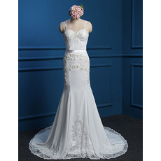 Custom Sexy Spaghetti Straps Lace Chiffon Wedding Dresses with Beading Detail
