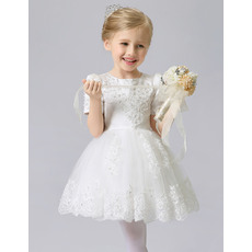 Couture Cute Beaded Appliques Tulle Satin Short First Communion Dresses with Short Sleeves