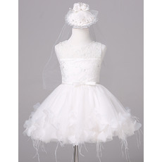 Cute Round Neck Short Lace Tulle wHITE Flower Girl Dresses with Feather Bottom and Large Petals