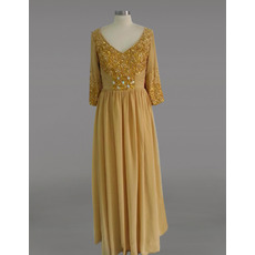 Gorgeous and Shimmering Gold Beading Plus Size Chiffon Mother Dresses with 3/4 Long Sleeves