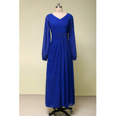 Affordable V-Neck Ankle Length Draped Plus Size Chiffon Mother Dresses for Party with Long Sleeves