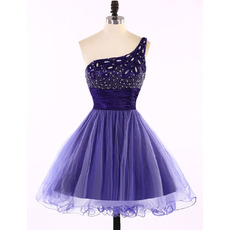 Dramatic One Shoulder Short Tulle Homecoming Party Dresses with Rhinestone Beading