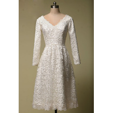 Inexpensive V-Neck Tea Length Lace Wedding Dress with Long Sleeves