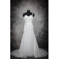 Discount One Shoulder Court Train Chiffon Wedding Dresses with Beaded Applique