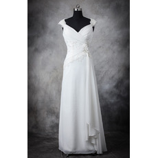 Romantic Beaded Appliques Full Length Chiffon Wedding Dresses with Ruched Bodice and Side Draped