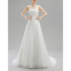 Vintage A-Line Strapless Lace Wedding Dresses with Crystal Beaded Bodice