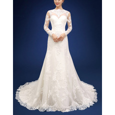 Perfect Appliques Crew Neck Tulle Wedding Dresses with Long Illusion Sleeves and Open Back