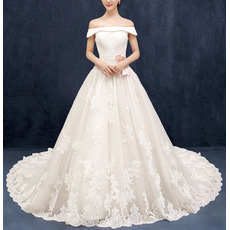 Romantic A-Line Off-the-shoulder Tulle Wedding Dresses with Floral Applique