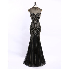 Custom Sheath Sweetheart Long Tulle Black Beading Evening Dresses