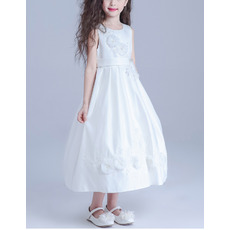 Beautiful Tea Length Satin White Girls Flower Girl Dresses/ Discount First Communion Plus Size Dresses