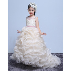 Gorgeous Beautiful Court Train Ruffles Skirt Flower Girl Dresses with Belts and Beadings