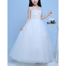 Pretty Ball Gown Illusion Neckline Full Length Tulle Flower Girl Dresses with Beaded Appliques/ White First Communion Dresses