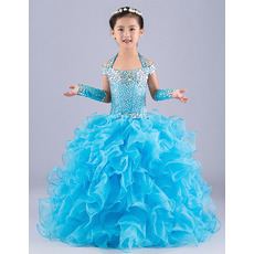 Gorgeous Ball Gown Halter Long Ruffled Tiered Flower Girl Dresses/ Luxury Crystal Rhinestone Girls Party Dresses