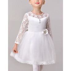 Cute Simple Ball Gown Short Lace Satin Flower Girl Dresses with Long Sleeves and Bow