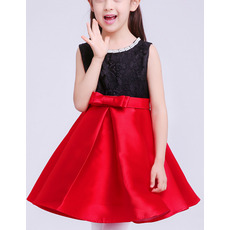 Simple Discount Two Tone A-Line Sleeveless Short Lace & Satin Flower Girl Dresses with Pleated Skirt