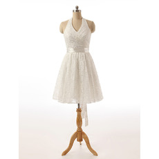 Elegant Ivory Halter-neck Knee Length Lace Wedding Dresses with Belt