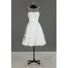 Pretty Illusion Neckline Knee Length Tulle Wedding Dresses with Beaded Bodice and Appliques Hem