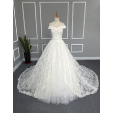 Princess Ball Gown Off-the-shoulder Lace Over Tulle Wedding Dresses