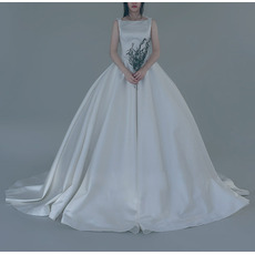 Sexy and Simple Ball Gown Bateau Neck Court Train Satin Wedding Dresses