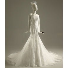 Luxury Beading Appliques Strapless Tulle Wedding Dresses with Trumpet Skirt