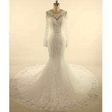 Custom V-back Court Train Tulle Wedding Dresses with Long Sleeves
