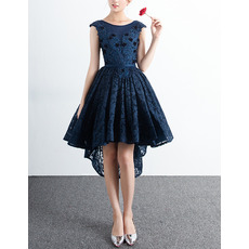 Affordable Sleeveless Open Back High-Low Lace Cocktail Party Dresses with Pleated Skirt