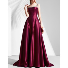 Delicate Beaded Wide Straps Satin Evening Dresses with Side Draped Skirt