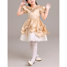 Lovely Flower Round Neckline Short Satin Lace Flower Girl Dresses with Bubble Sleeves