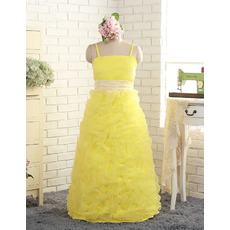 Pretty Spaghetti Straps Full Length Pick-up Yellow Little Girls Party Dresses with Ruched