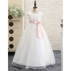 Catholic Square Neck Long Length First Communion Dress with Cap Sleeves/ Simple Flower Girl Dresses with Satin Waistband