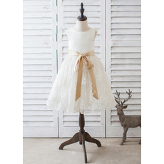 Lovely Affordable Scoop Neck Knee Length Lace Skirt Flower Girl Dresses with Sashes