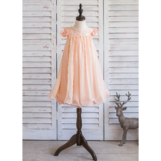 Lovely Cap Sleeves Knee Length Chiffon Lace Easter Little Girl Dress with Key and Pleated