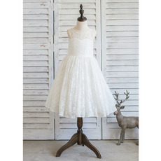 Cute Ivory Knee Length Lace Flower Girl/ First Communion Dresses with Open Back