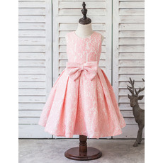 Lovely Ball Gown Tea Length Pleated Skirt Lace Flower Girl Dresses with Bows