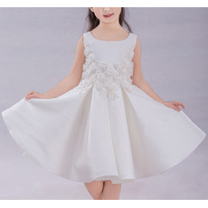 Cute Beautiful A-Line Knee Length Pleated Satin Flower Girl Dresses with Appliques Handmade Flowers