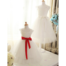 Discount A-Line Square Neck Tea Length Satin Tulle Flower Girl Dresses with Sashes