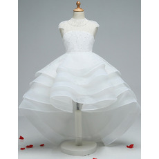 Fashionable High-Low Lace Organza Tiered Skirt Little Girls Party Dresses/ White Open Back Flower Girl Dresses