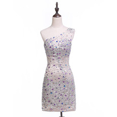 Shimmering Sexy Sheath One Shoulder Short Homecoming Dresses with All Over Rhinestone Beading