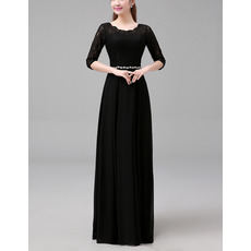 Junoesque Long Length Pleated Chiffon Lace Black Mother of The Bride Dresses with 3/4 Long Sleeves and Beaded Waist