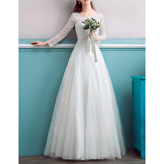 Exquisite Illusion Round Neckline Lace Tull Wedding Dresses with Long Sleeves