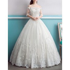 Romantic Floral Applique Ball Gown Off-the-shoulder Wedding Dress with Half Sleeves
