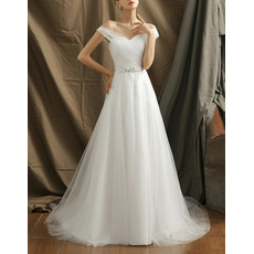 Affordable Sweetheart Pleated Tulle Wedding Dresses with Rhinestone Waist